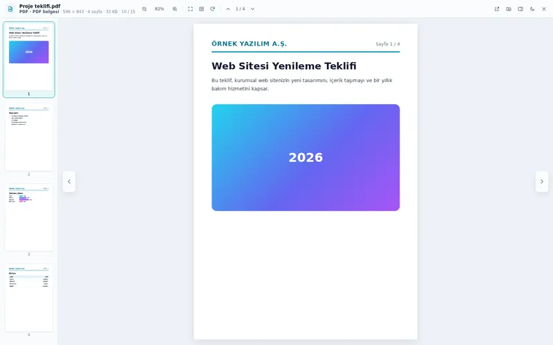 PDF önizlemesi: sayfa ve küçük resim şeridi, gündüz teması