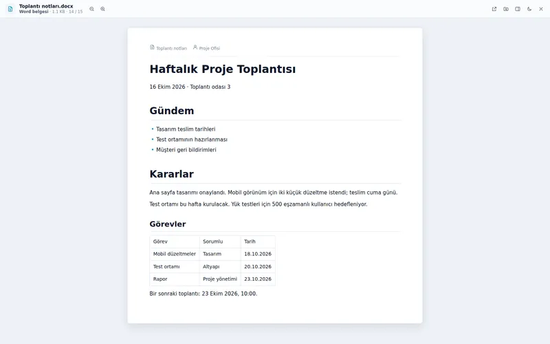 Word belgesi önizlemesi: başlıklar, listeler, tablolar