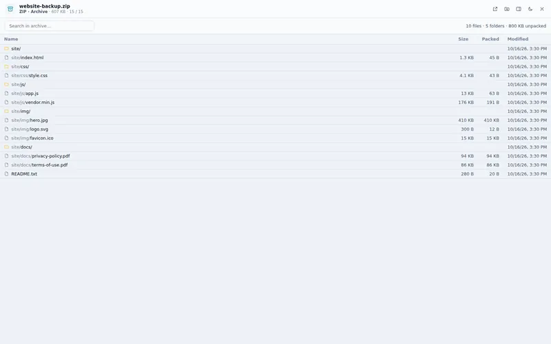 ZIP arşivi içerik listesi, gündüz teması