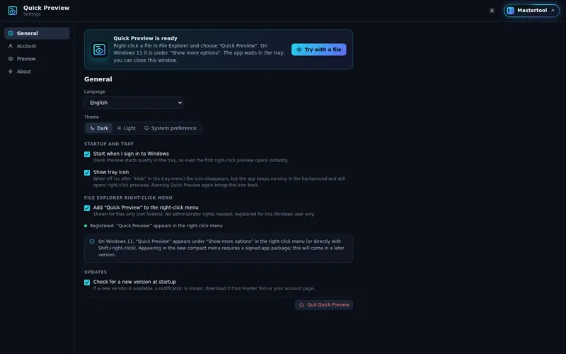 Ayarlar › Genel: tepsi, Windows ile başlat, sağ tık menüsü